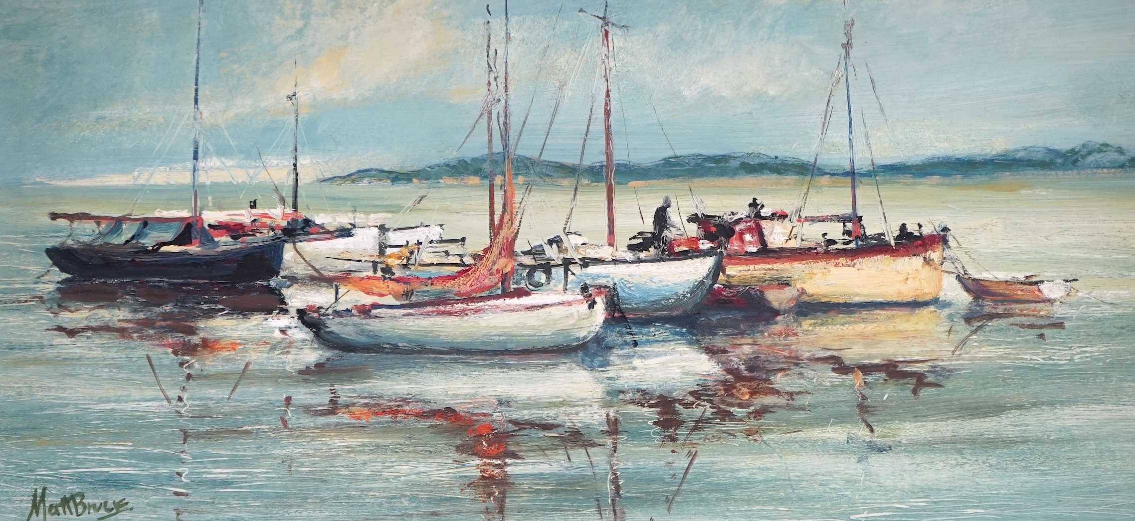 Matt Bruce (1915-200), oil on board, Family of yachts, signed, 24 x 49cm. Condition - good